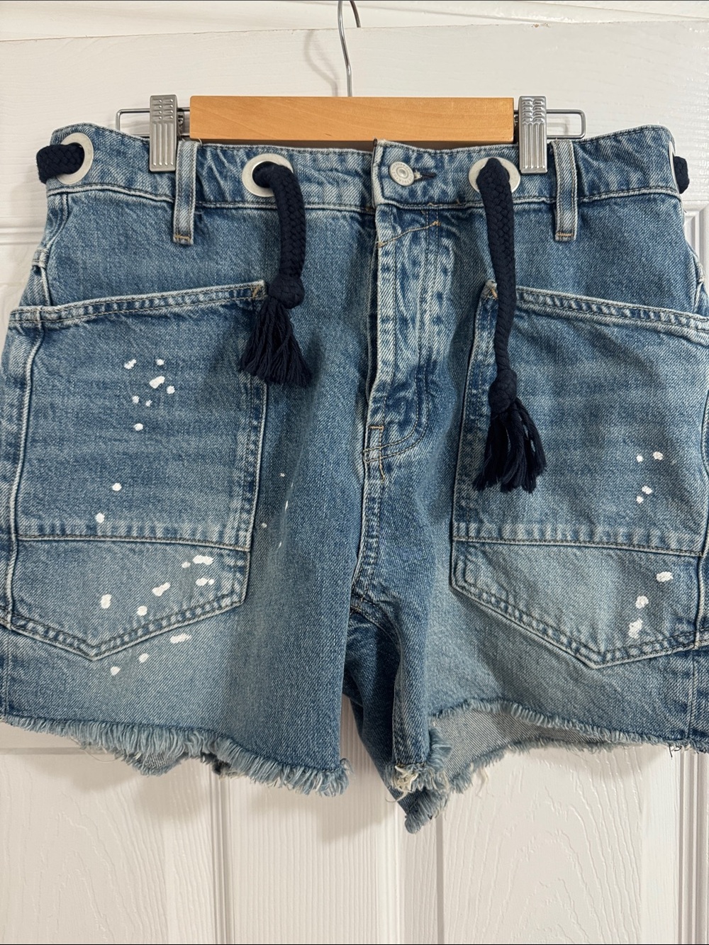 Free People Blue Denim Paint-Splatter Frayed Drawstring Shorts